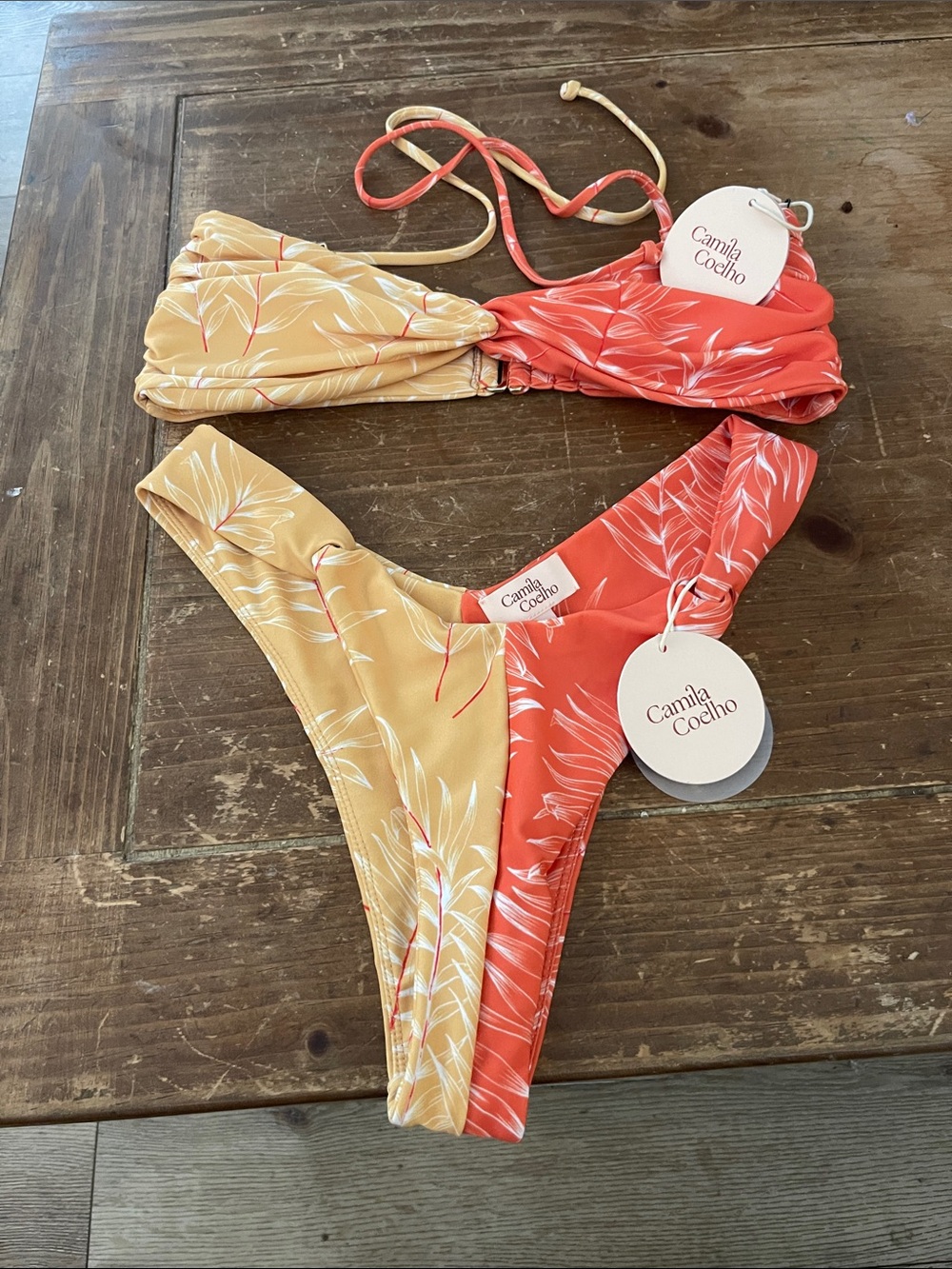 Camila Coelho Two-Tone Leaf Print Bikini - Coral & Mustard
